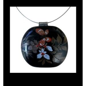 Hand Painted Enamel Butterfly Floral Pendant Stainless Steel Wire Necklace Black